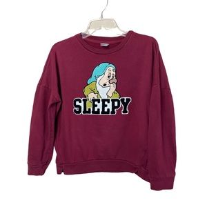 Disney Burgundy Snow White Sleepy Chenille Patch Crewneck Sweatshirt Kid Large